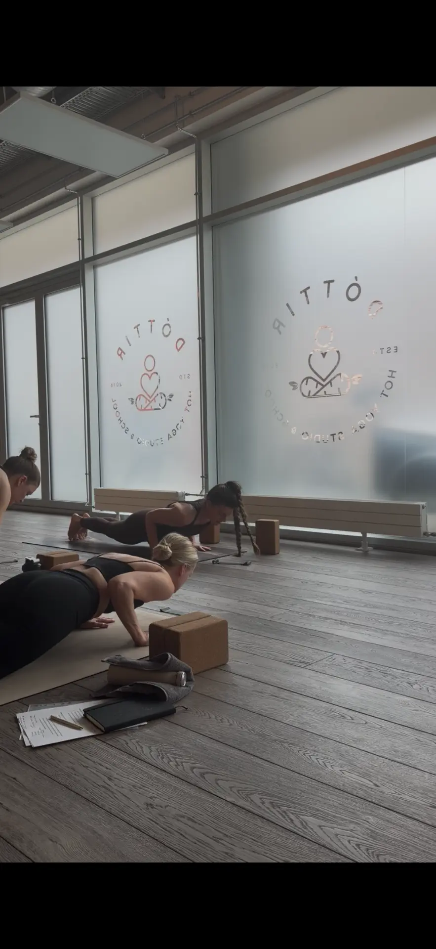 Students practicing yoga on mats in a bright yoga studio